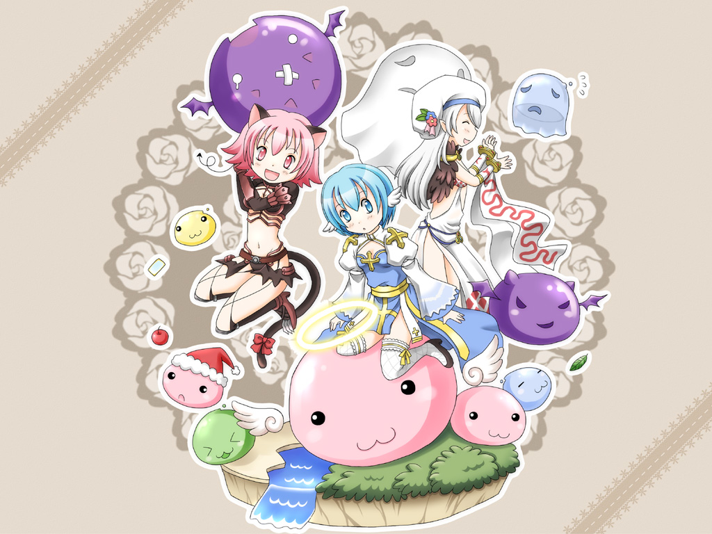 :3 :d angeling animal_ears apple arch_bishop_(ragnarok_online) armor bikini_armor black_socks blue_dress blue_eyes blue_hair blush bow breasts brown_background card cat_ears cat_girl cat_tail cleavage_cutout clothing_cutout commentary_request cross detached_sleeves deviling deviruchi dress drops_(ragnarok_online) fishnet_thighhighs fishnets food frilled_thighhighs frills fruit full_body fur_collar ghostring guillotine_cross_(ragnarok_online) high_heels juliet_sleeves long_hair long_sleeves marin_(ragnarok_online) medium_breasts meruya_(catcan) open_mouth pink_eyes pink_hair poring puffy_sleeves ragnarok_online red_bow sash shrug_(clothing) side_slit sleeveless sleeveless_dress slime_(creature) smile socks sorcerer_(ragnarok_online) tail tail_bow tail_ornament thighhighs two-tone_dress whisper_(ragnarok_online) white_dress white_sleeves white_thighhighs yellow_sash
