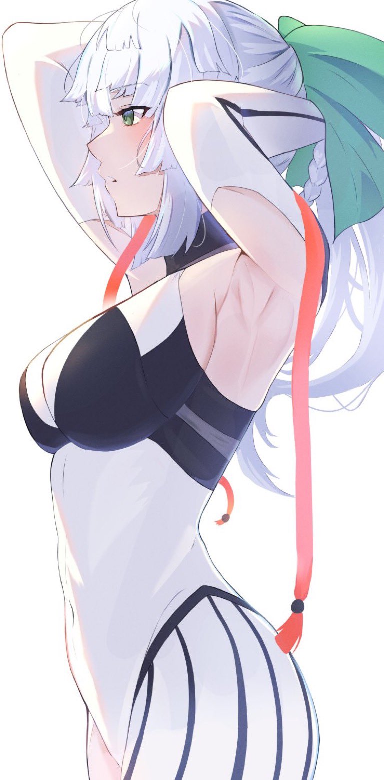 1girl armpit_cutout armpits arms_behind_head arms_up black_bodysuit blush bodysuit braid braided_hair_rings breasts clothing_cutout earrings fate/grand_order fate/samurai_remnant fate_(series) green_eyes hair_ribbon hair_rings highres jewelry long_hair medium_breasts ponytail ribbon sidelocks two-tone_bodysuit umi_endu white_bodysuit white_hair yui_shousetsu_(fate) yui_shousetsu_(first_ascension)_(fate)