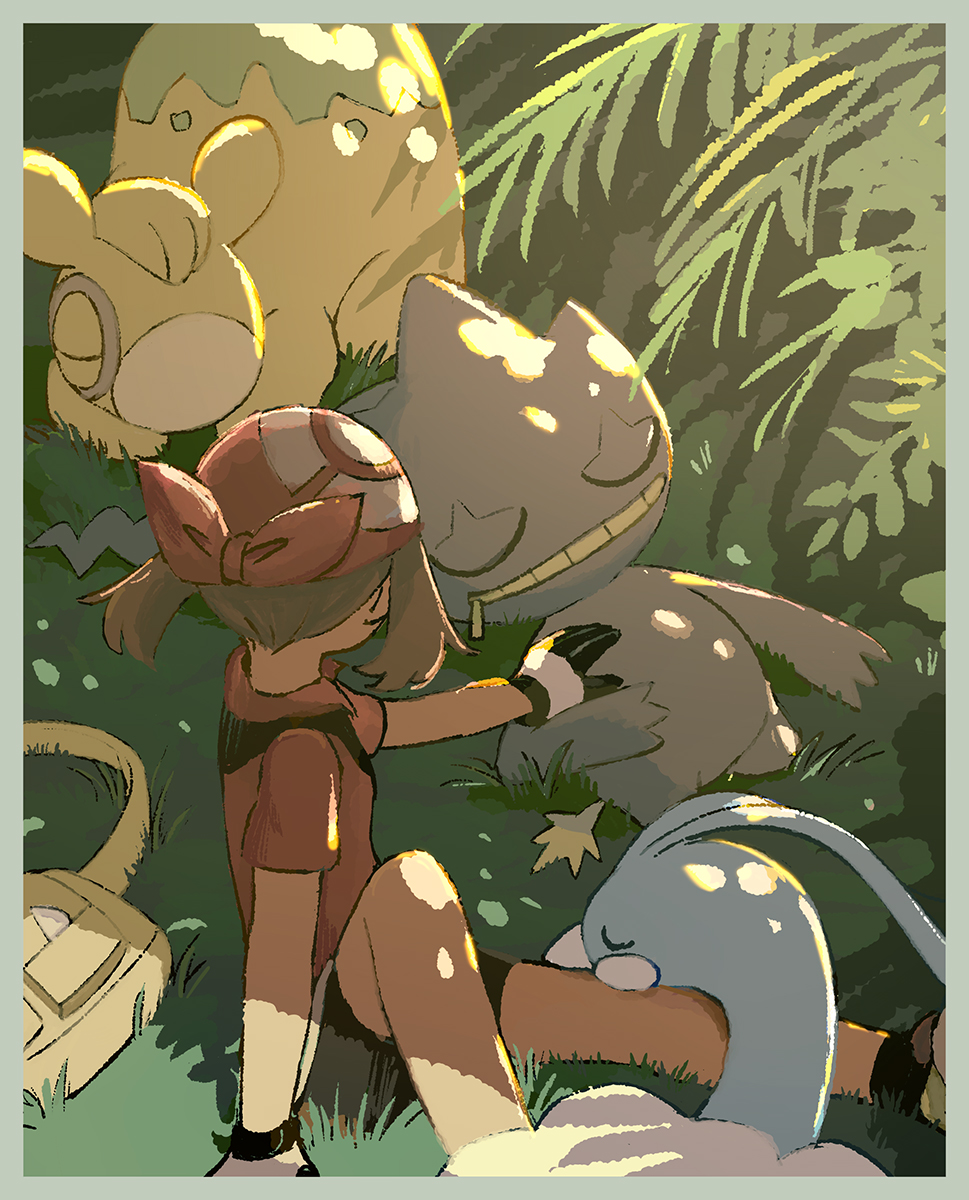 1girl altaria arm_support bag bandana banette bike_shorts black_gloves border brown_hair closed_eyes commentary_request foot_out_of_frame game_freak gen_3_pokemon gloves grass grin hand_on_another&#039;s_chest highres knee_up looking_at_another lying may_(pokemon) medium_hair nintendo numel on_back on_grass on_ground outdoors plant pokemon pokemon_(creature) pokemon_rse popcorn_91 red_bandana red_shirt shirt short_sleeves sitting smile sunlight unworn_bag white_gloves yellow_bag