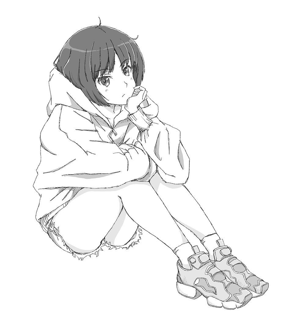 1girl :/ amagami ankle_socks arm_on_knee blush bob_cut casual closed_mouth commentary cutoffs denim denim_shorts elbow_on_knee elbow_rest expressionless greyscale hood hood_down hoodie knees_up kyonsam321go long_sleeves looking_at_viewer looking_to_the_side messy_hair monochrome on_ground shoes short_hair short_shorts shorts sitting sketch sneakers socks solo tachibana_miya velcro_footwear zipper_pull_tab