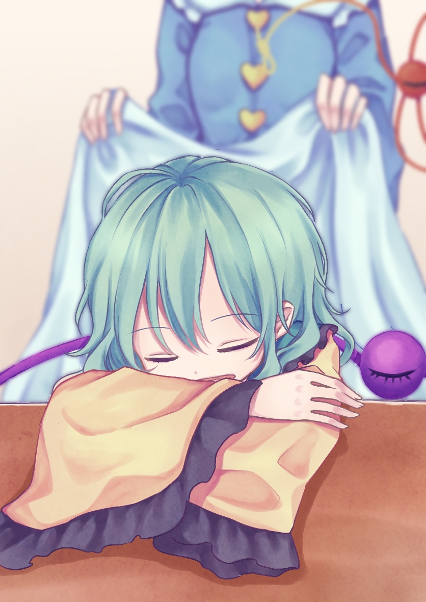 2girls blouse blue_shirt buttons commentary_request closed_eyes frilled_shirt frilled_sleeves frills green_hair heart_button indoors komeiji_koishi komeiji_satori long_sleeves medium_hair multiple_girls on_table rnkgmn shirt siblings sisters sleeping sleeping_upright solo_focus table third_eye touhou wide_sleeves yellow_shirt