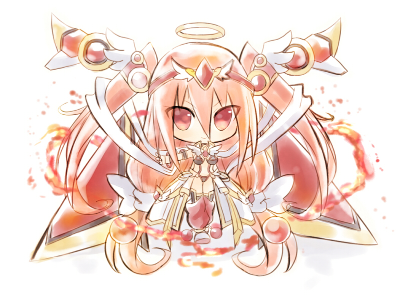 1girl ake_no_hoshi_no_elise bow breasts chibi female_focus hair_bow hair_ornament halo headgear long_hair looking_at_viewer low-tied_long_hair midriff pink_hair red_eyes rento_(rukeai) saikyou_ginga_ultimate_zero_~battle_spirits~ smile solo twintails white_bow wing_hair_ornament