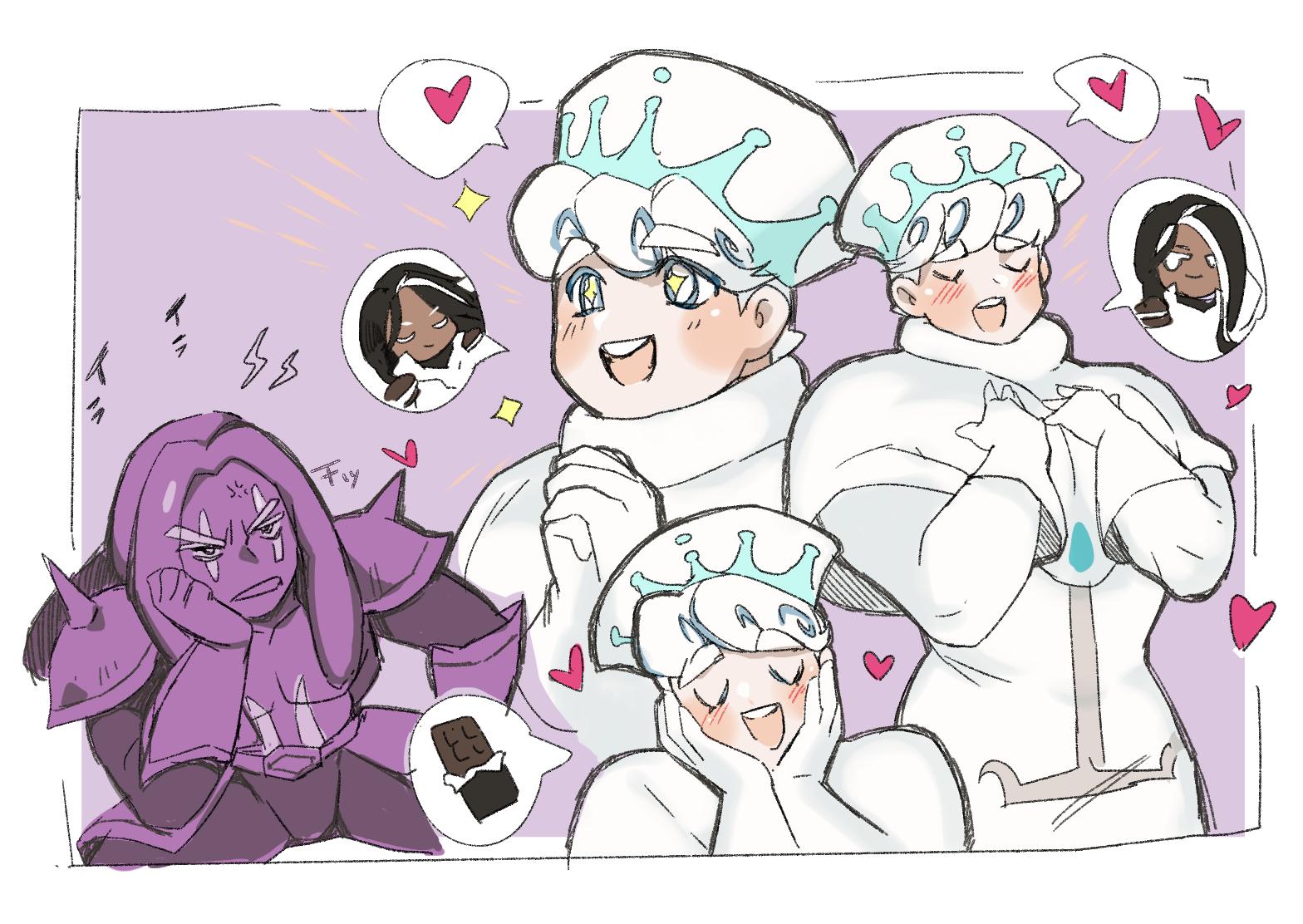 2boys annoyed armor bad_id bad_twitter_id candy capelet chocolate chocolate_bar cookie_run dark_choco_cookie dreadlocks food male_focus milk_cookie multiple_boys pauldrons personification purple_background purple_yam_cookie shoulder_armor simple_background sitting spoken_character spoken_food white_hair