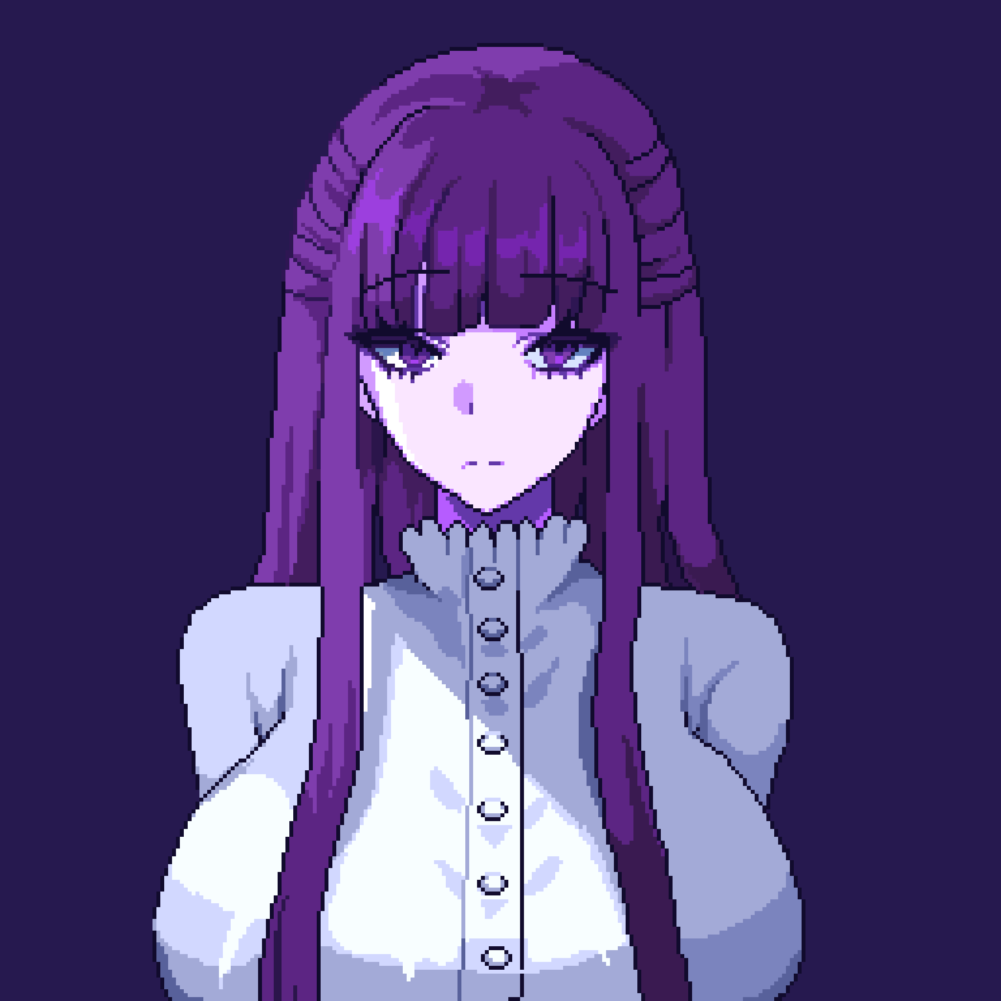 1girl alternate_breast_size blunt_bangs breasts buttons closed_mouth collar dress fern_(sousou_no_frieren) frilled_collar frilled_dress frills high_collar highres large_breasts long_hair looking_at_viewer pixel_art pixelcadete purple_background purple_eyes purple_hair sidelocks simple_background solo sousou_no_frieren straight_hair white_dress