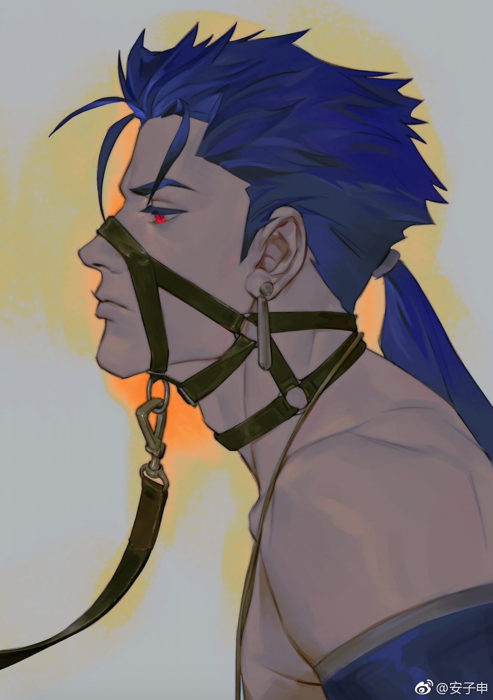 1boy anzishen bare_shoulders blue_hair cu_chulainn_(fate) cu_chulainn_(fate/stay_night) earrings fate/grand_order fate_(series) highres jewelry long_hair male_focus ponytail red_eyes solo