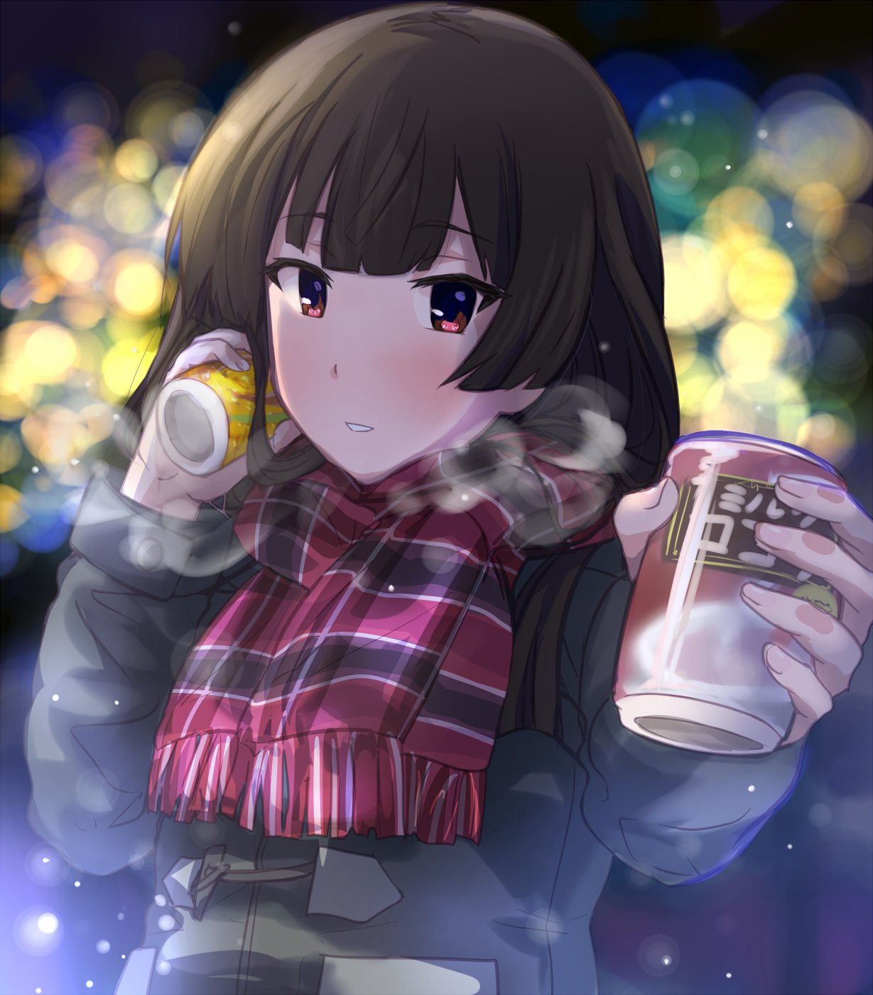 1girl blunt_bangs blurry blurry_background bokeh brown_coat brown_hair can coat commentary_request depth_of_field drink highres hime_cut holding holding_can holding_drink incoming_drink juujou_hiyori long_hair long_sleeves looking_at_viewer mashitono_desu parted_lips plaid_clothes plaid_scarf red_eyes red_scarf scarf solo steam toji_no_miko upper_body winter_clothes