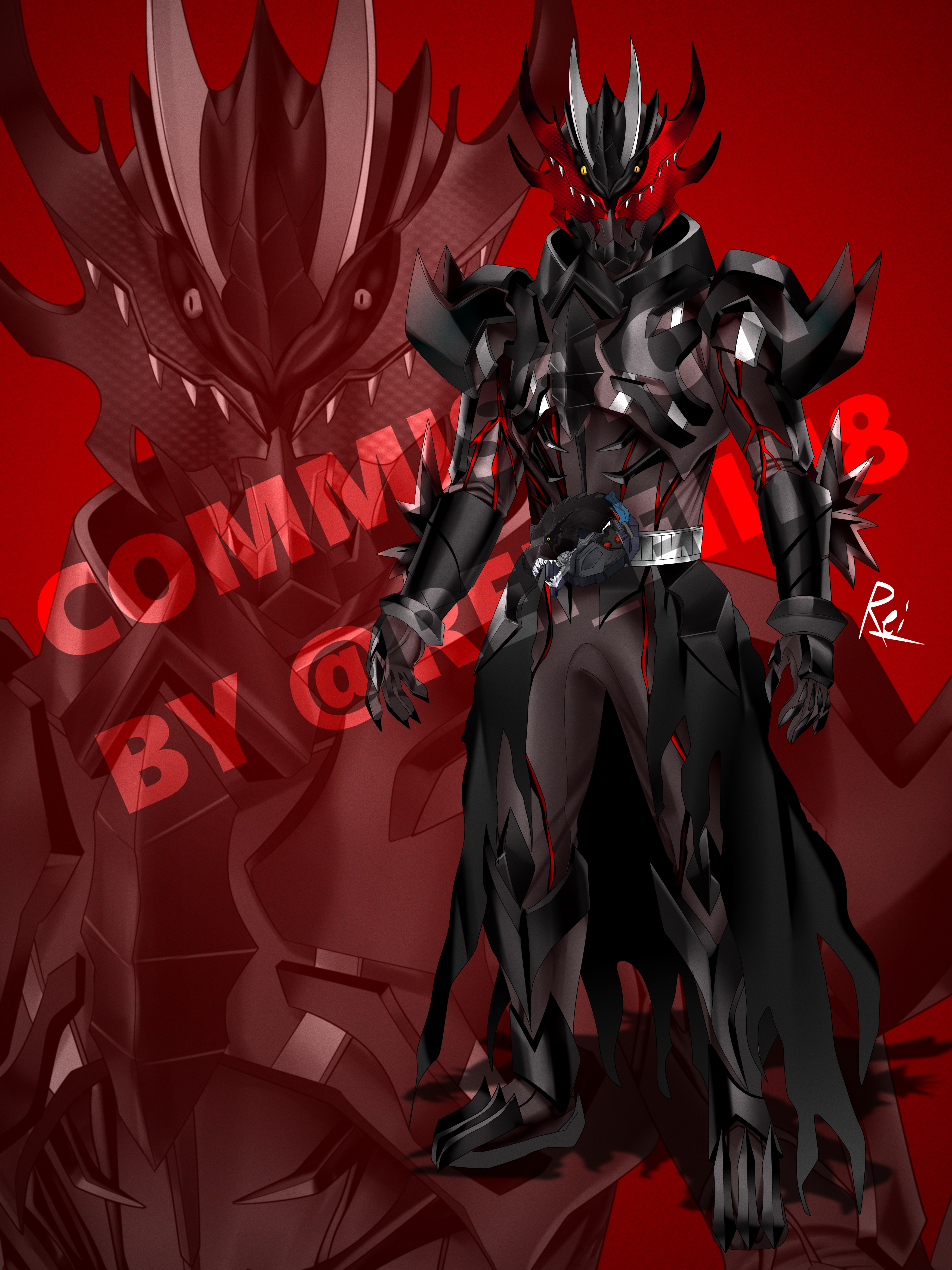 1boy absurdres arm_blade armor belt bodysuit commission compound_eyes rider_belt full_body gloves godzilla godzilla_(series) godzilla_singular_point godzilla_ultima helmet highres kamen_rider kamen_rider_01_(series) looking_at_viewer male_focus red_eyes reiei_8 rider_belt solo standing tokusatsu weapon