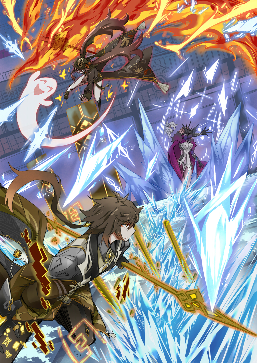 1boy 2girls black_coat black_gloves black_hair black_hat black_mask blonde_hair brown_hair butterfly_mask cape chinese_clothes coat delusion_(genshin_impact) dress earrings fire fishnet_gloves fishnets flower formal_clothes genshin_impact geo_symbol_(genshin_impact) ghost gloves gradient_hair half_mask hat hat_flower hat_tassel highres hu_tao_(genshin_impact) ice jewelry lace-trimmed_eyepatch long_hair long_sleeves mask mask_over_one_eye multicolored_hair multiple_girls nodachi_(nodati51) ofuda one_eye_covered ponytail red_cape shirt shorts signora_(genshin_impact) single_earring staff_of_homa_(genshin_impact) studded_gloves suit tassel tassel_earrings twintails vortex_vanquisher_(genshin_impact) white_dress yellow_eyes zhongli_(genshin_impact)