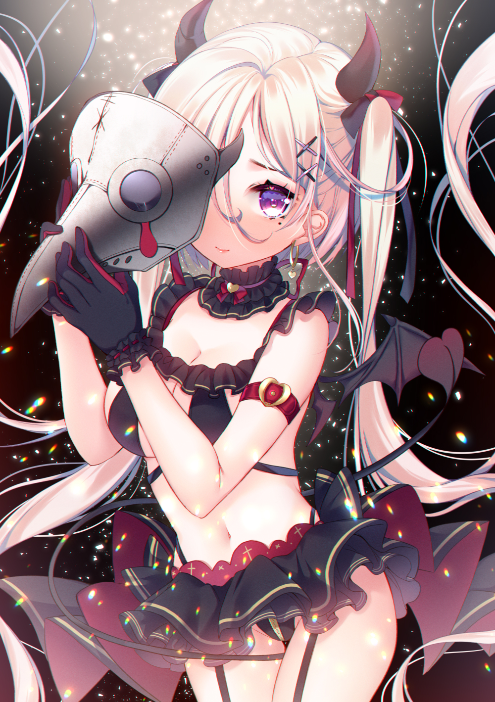 1girl absurdly_long_hair bare_shoulders bikini bikini_skirt black_bikini black_gloves black_wings breasts cleavage closed_mouth commentary demon_girl demon_horns demon_tail demon_wings english_commentary gloves hair_between_eyes hair_ornament hairclip halloween hands_up highres holding holding_mask horns ko_yu long_hair looking_at_viewer mask unworn_mask medium_breasts mini_wings mole mole_under_eye original plague_doctor_mask purple_eyes smile solo swimsuit tail teardrop twintails very_long_hair white_hair wings x_hair_ornament