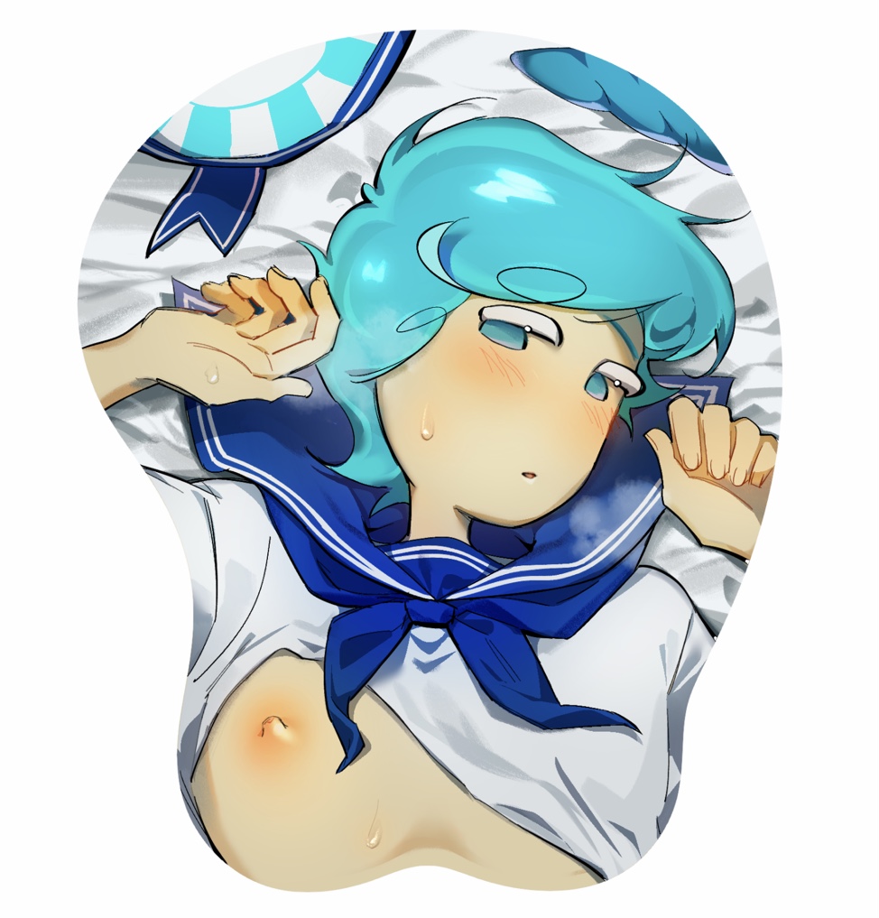1boy bed bed_sheet blue_eyes blue_hair blue_hat blue_sailor_collar blush clothes_lift colored_skin conch_shell cookie_run cyan_eyes hands_up hat heavy_breathing humanization looking_at_viewer lying male_focus mouse_pad nipple_slip nipples on_back on_bed pale_skin parted_lips peppermint_cookie personification ribbon_hat ribbon_trim sailor_collar sailor_hat sailor_uniform seashell shell shirt shirt_lift short_hair short_sleeves striped_clothes striped_hat sweat sweatdrop two-tone_hat unworn_hat unworn_headwear white_background white_hat white_shirt white_stripe