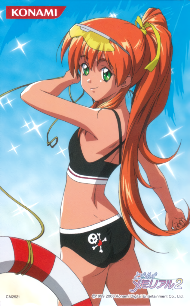 1990s_(style) 1girl akai_homura apple arm_up bikini black_bikini copyright_notice cowboy_shot eyewear_on_head food fruit green_eyes hair_ribbon high_ponytail kokura_masashi konami lifebuoy logo long_hair non-web_source official_art orange_hair ponytail retro_artstyle ribbon skull_and_crossbones skull_print smile solo sparkle_background sports_sunglasses sunglasses swim_ring swimsuit tokimeki_memorial tokimeki_memorial_2 yellow-framed_eyewear