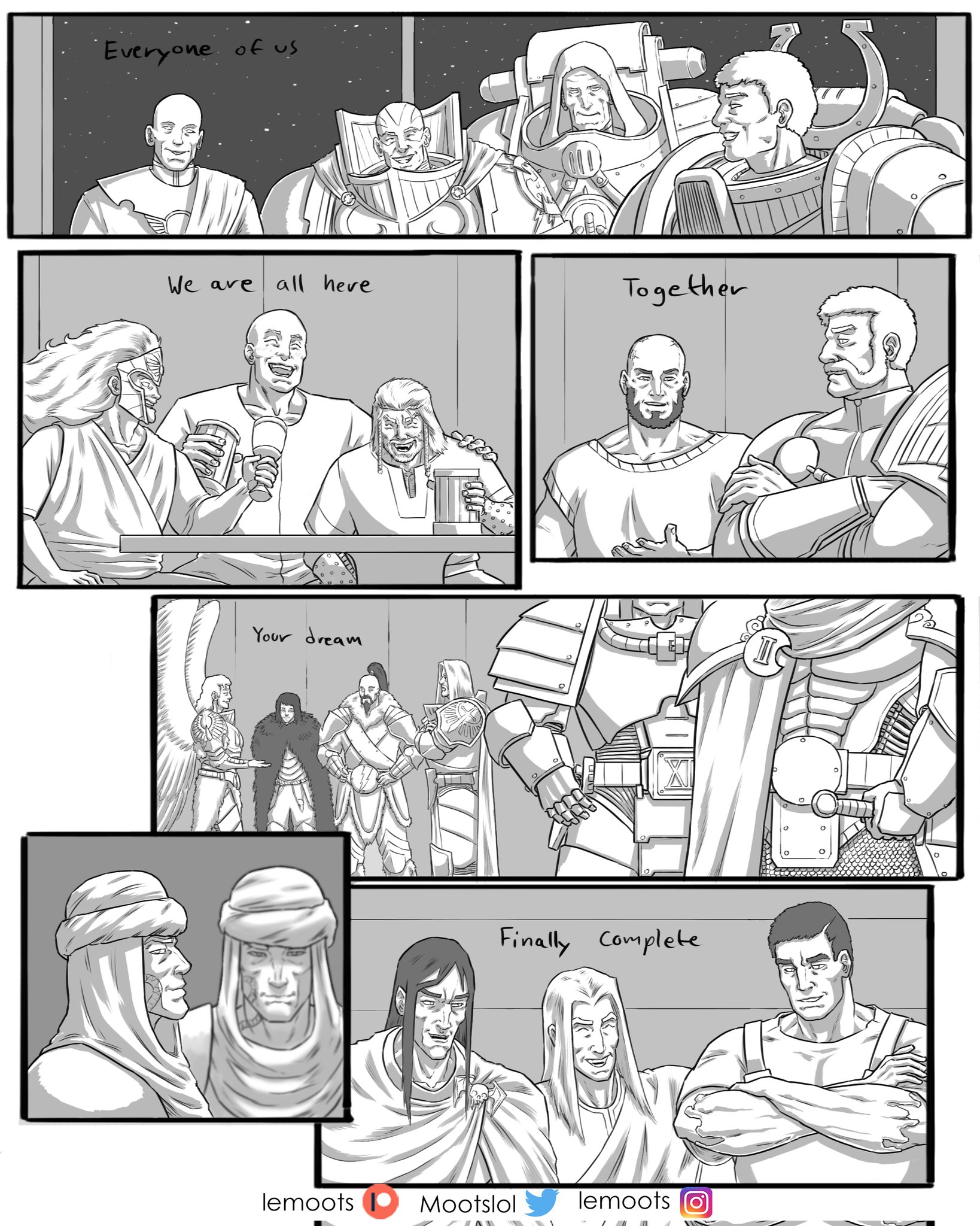 6+boys alpharius_omegon angel_wings angron armor comic corvus_corax cup english_text ferrus_manus fulgrim greyscale highres holding holding_cup instagram_logo instagram_username jaghatai_khan konrad_curze laughing leman_russ lion_el&#039;jonson lorgar_aurelian lost_primarchs magnus_the_red monochrome mootslol mortarion multiple_boys patreon_logo patreon_username perturabo power_armor primarch roboute_guilliman rogal_dorn sanguinius twitter_logo twitter_username vulkan warhammer_40k wings