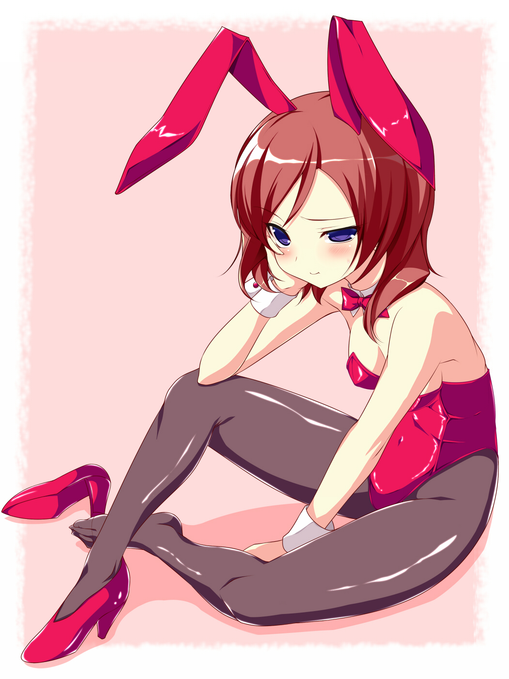 10s 1girl animal_ears blush bow bowtie colorized detached_collar fake_animal_ears feet female_focus high_heels highres leotard love_live! love_live!_school_idol_project nishikino_maki noumin pantyhose playboy_bunny purple_eyes rabbit_ears red_hair red_leotard shoes short_hair single_shoe solo toron_(mino106) wrist_cuffs