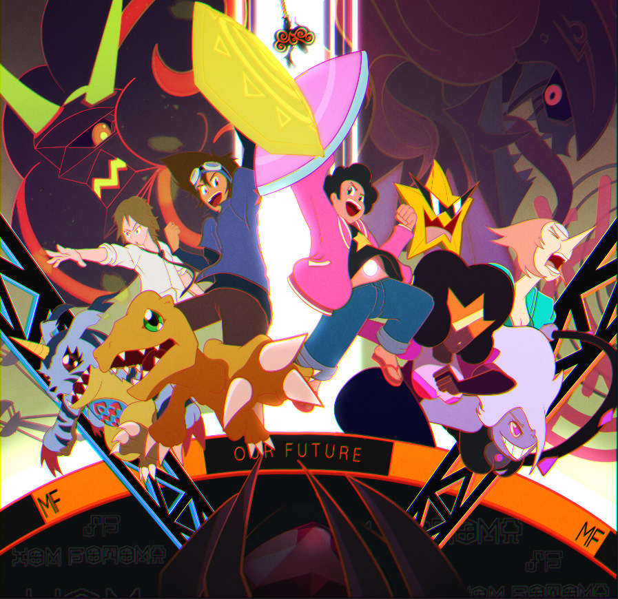 agumon amethyst_(steven_universe) colored_skin crossover diablomon digimon digimon_(creature) digimon_adventure digimon_adventure:_bokura_no_war_game fusion gabumon garnet_(steven_universe) ishida_yamato omegamon pearl_(steven_universe) purple_skin smile spinel_(steven_universe) starmon_(digimon_xros_wars) steven_quartz_universe steven_universe sunglasses yagami_taichi