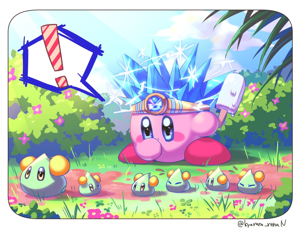 ! 1boy =_= alien aoi_rena artist_name blue_eyes blue_hair bush covering_own_mouth electricity flower food hand_over_own_mouth holding holding_food kirby kirby_(series) looking_down nintendo no_humans popsicle slime_(creature) spark_kirby