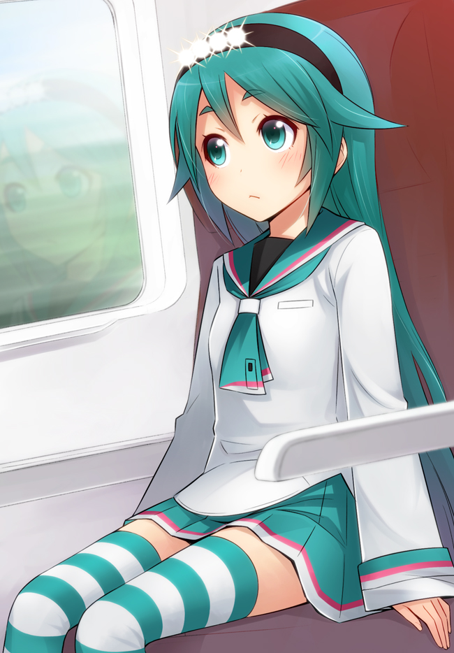 1girl aqua_eyes blush female_focus green_eyes green_hair ha-ru hairband long_hair matching_hair/eyes original personification reflection school_uniform serafuku short_eyebrows sitting skirt solo striped_clothes striped_thighhighs thighhighs train train_interior window zettai_ryouiki