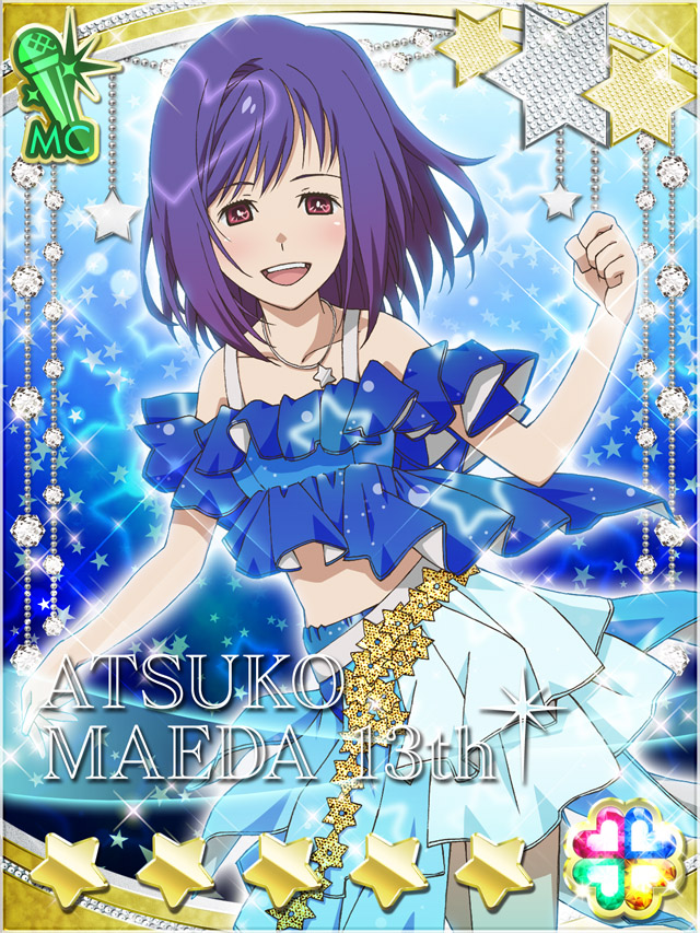 1girl :d akb0048 blue_background blue_shirt blue_skirt card_(medium) character_name clenched_hand collarbone cowboy_shot crop_top heart looking_at_viewer maeda_atsuko_(akb0048) medium_hair non-web_source off-shoulder_shirt off_shoulder official_art open_mouth purple_eyes purple_hair shirt skirt smile solo sparkle standing star_(symbol) teeth upper_teeth_only