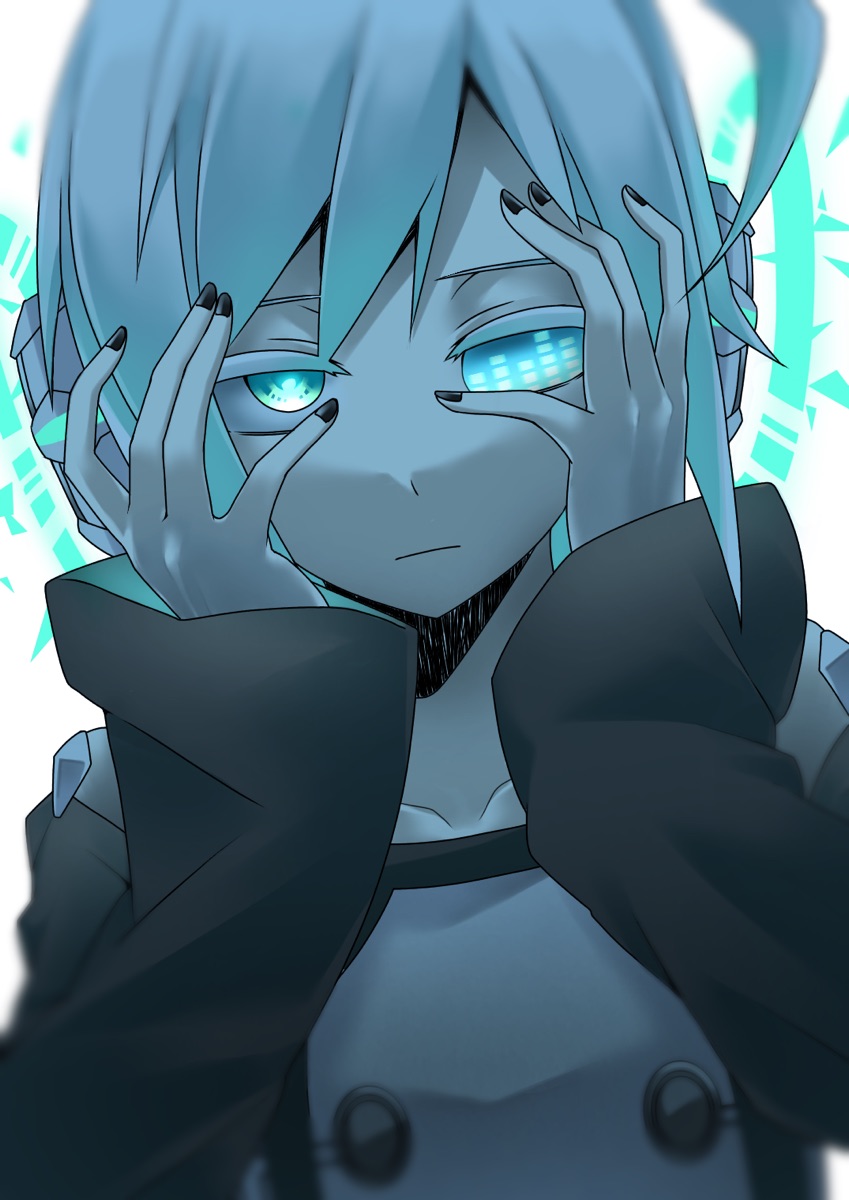 1boy ahoge aqua_eyes asymmetrical_eyes black_nails blurry buttons closed_mouth collarbone colored_eyelashes depth_of_field expressionless graphic_equalizer hands_on_own_face headphones highres long_sleeves looking_at_viewer male_focus off-shoulder_shirt off_shoulder roz_(hal20010910) shaded_face shirt simple_background solo upper_body utatane_piko vocaloid white_background white_hair white_shirt