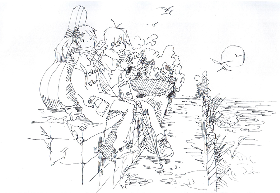 2boys amber389 breath cello_case coat ikari_shinji male_focus monochrome multiple_boys nagisa_kaworu nature neon_genesis_evangelion outdoors plant scarf short_hair sitting sketch sky smile sun traditional_media white_background