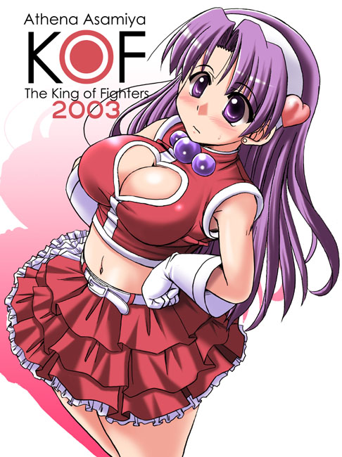 1girl asamiya_athena belt blush breasts cleavage cleavage_cutout clothing_cutout female_focus gloves hairband heart heart_cutout jewelry large_breasts long_hair midriff navel purple_eyes purple_hair skirt sleeveless snk solo the_king_of_fighters the_king_of_fighters_2003 tonpuu