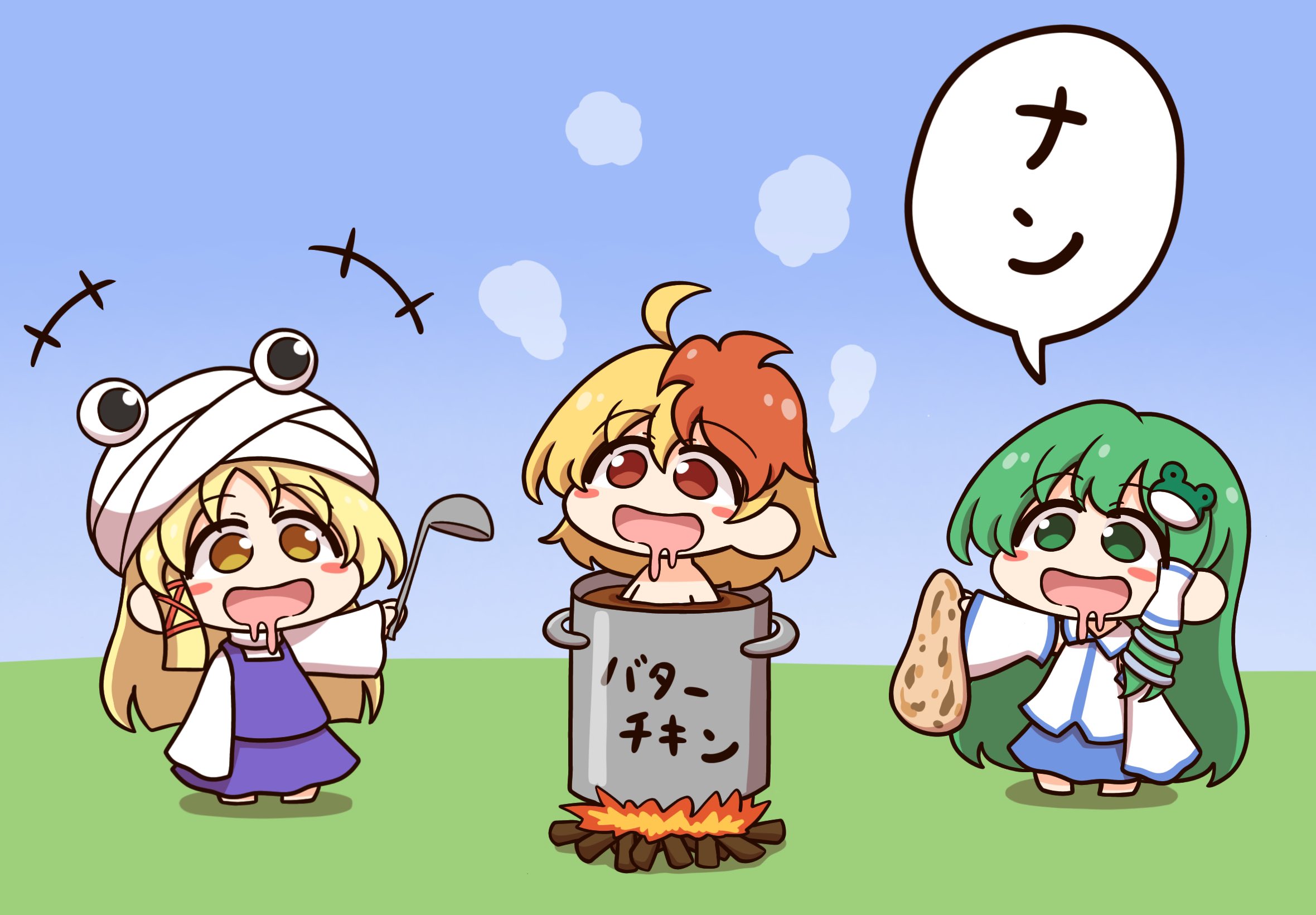 3girls ahoge blonde_hair blush bonfire cauldron detached_sleeves food frog frog_hair_ornament green_eyes green_hair hair_ornament hair_tubes hat highres kochiya_sanae long_hair long_sleeves moriya_suwako multicolored_hair multiple_girls naan_bread niwatari_kutaka open_mouth purple_skirt purple_vest red_hair shitacemayo short_hair single_hair_tube skirt snake_hair_ornament touhou translation_request vest wide_sleeves yellow_eyes