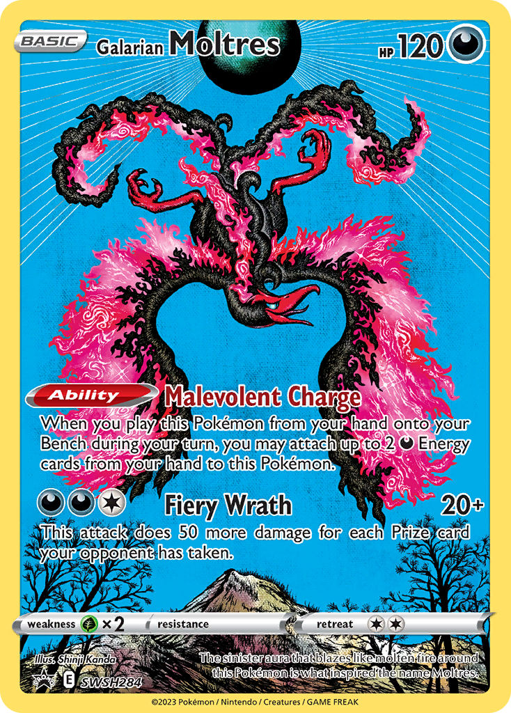 animal_focus artist_name bird blue_sclera blue_sky card_(medium) character_name colored_sclera company_name copyright_name copyright_notice english_text flying galarian_form galarian_moltres gen_8_pokemon kanda_shinji legendary_pokemon mountain nintendo no_humans official_art open_mouth outdoors pokemon pokemon_(creature) pokemon_card pokemon_focus pokemon_tcg sky solo talons third-party_source tongue trading_card tree white_eyes