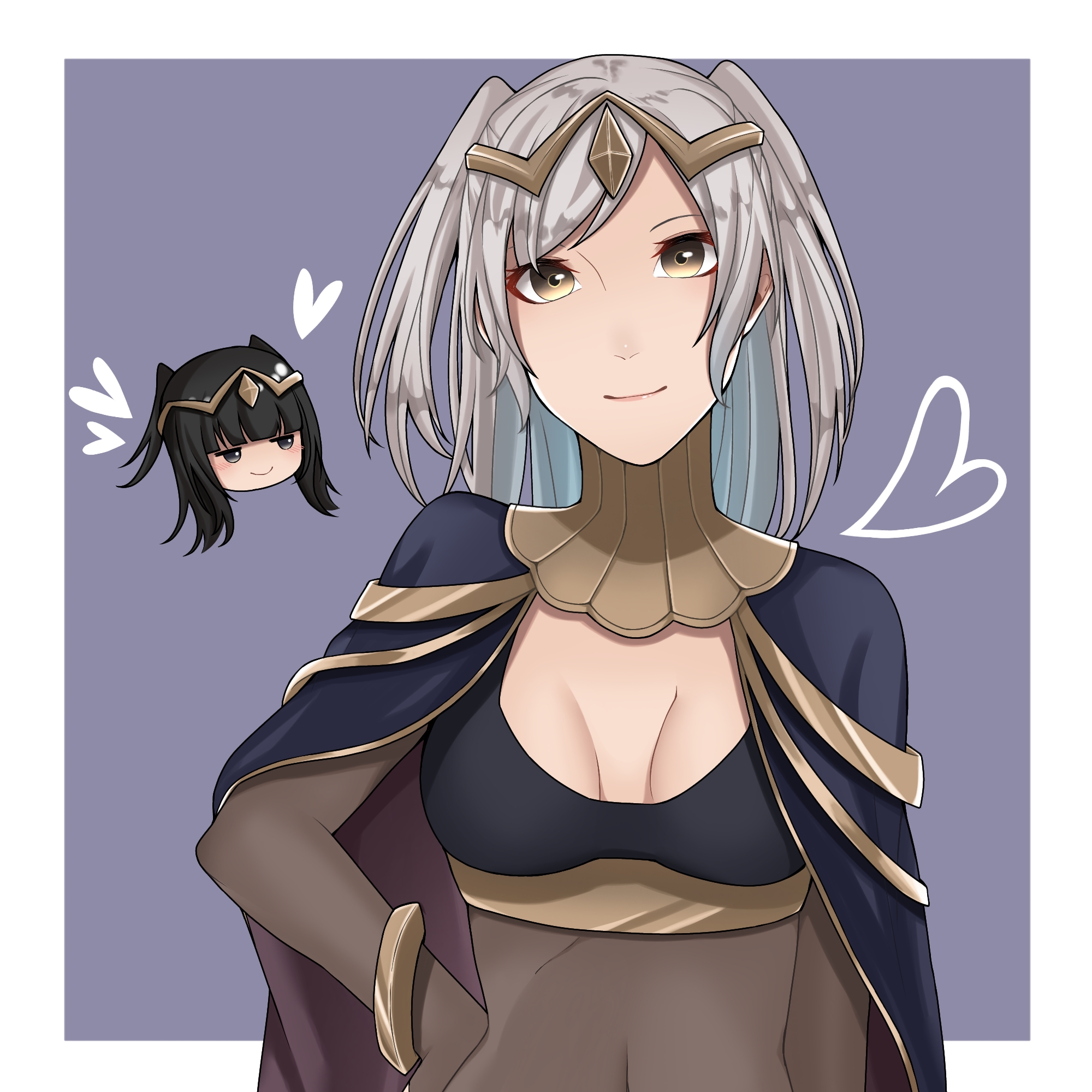2girls ao_saryaruhu arm_at_side black_bra bodysuit bra bracelet breasts brown_eyes chibi chibi_inset cleavage cloak cosplay covered_navel eyelashes facing_viewer female_focus female_robin_(fire_emblem) fire_emblem fire_emblem_awakening half-closed_eyes hand_on_own_hip happy heart highres jewelry long_hair looking_at_another looking_at_viewer lots_of_jewelry medium_breasts multiple_girls necklace nintendo revealing_clothes see-through_bodysuit see-through_clothes short_twintails sidelocks smile smirk standing swept_bangs tharja_(fire_emblem) tharja_(fire_emblem)_(cosplay) tiara twintails underwear upper_body white_hair