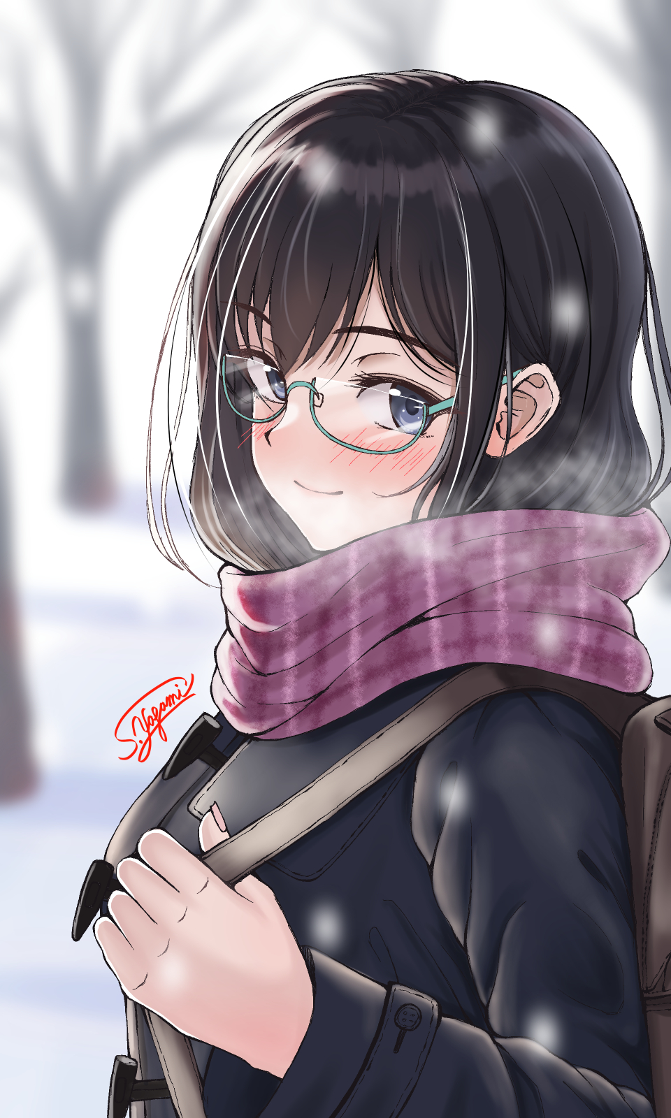1girl bag bare_tree black_coat black_hair blue-framed_eyewear blue_eyes blurry blurry_background blush breasts brown_bag closed_mouth coat duffel_coat enpera from_side glasses highres large_breasts looking_at_viewer looking_to_the_side original outdoors plaid_clothes plaid_scarf purple_scarf scarf school_bag semi-rimless_eyewear signature smile snow snowing solo tree upper_body winter yagamin258