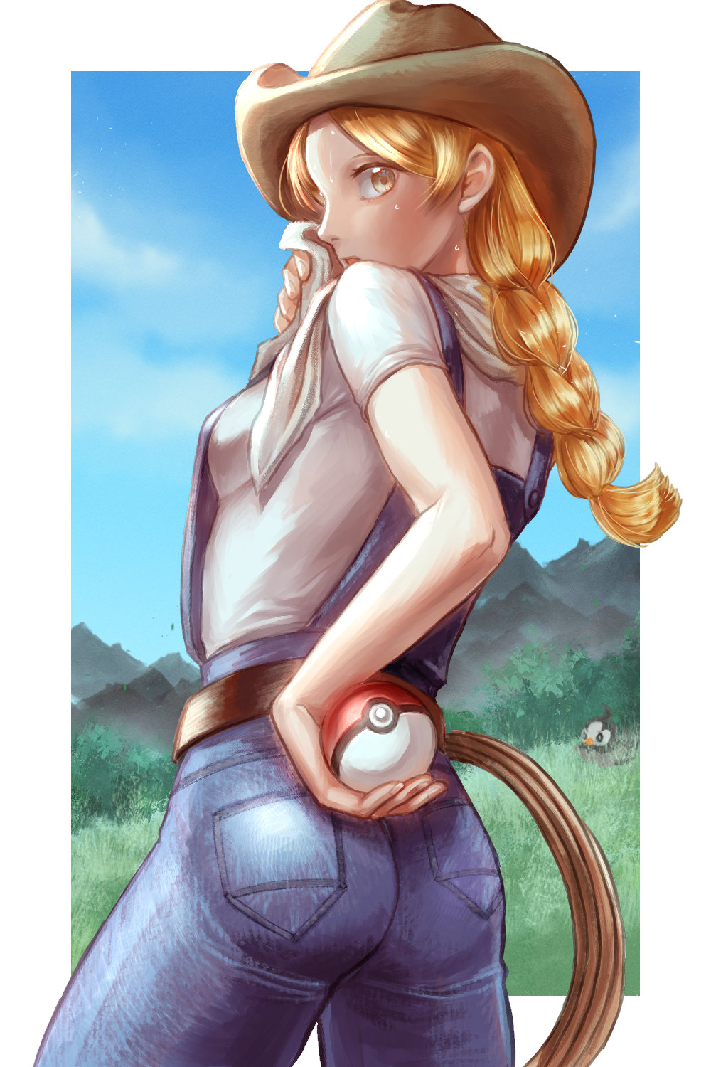 1girl artist_request ass blonde_hair blue_background braid cowboy_hat cowboy_shot cowgirl_(pokemon) creatures_(company) denim game_freak gen_4_pokemon grass hat highres looking_at_viewer looking_back mountainous_horizon nintendo npc_trainer open_mouth overalls poke_ball poke_ball_(basic) pokemon pokemon_(creature) pokemon_dppt cleaning_rag rope solo starly sweat twin_braids yellow_eyes