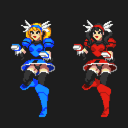 2girls black_eyes black_hair blonde_hair blue_dress boots clone dress fighting_vipers hairband honey_(fighting_vipers) luckysoftworks multiple_girls panties red_dress sega sprite sprite_art thigh_boots thighhighs twintails underwear upskirt