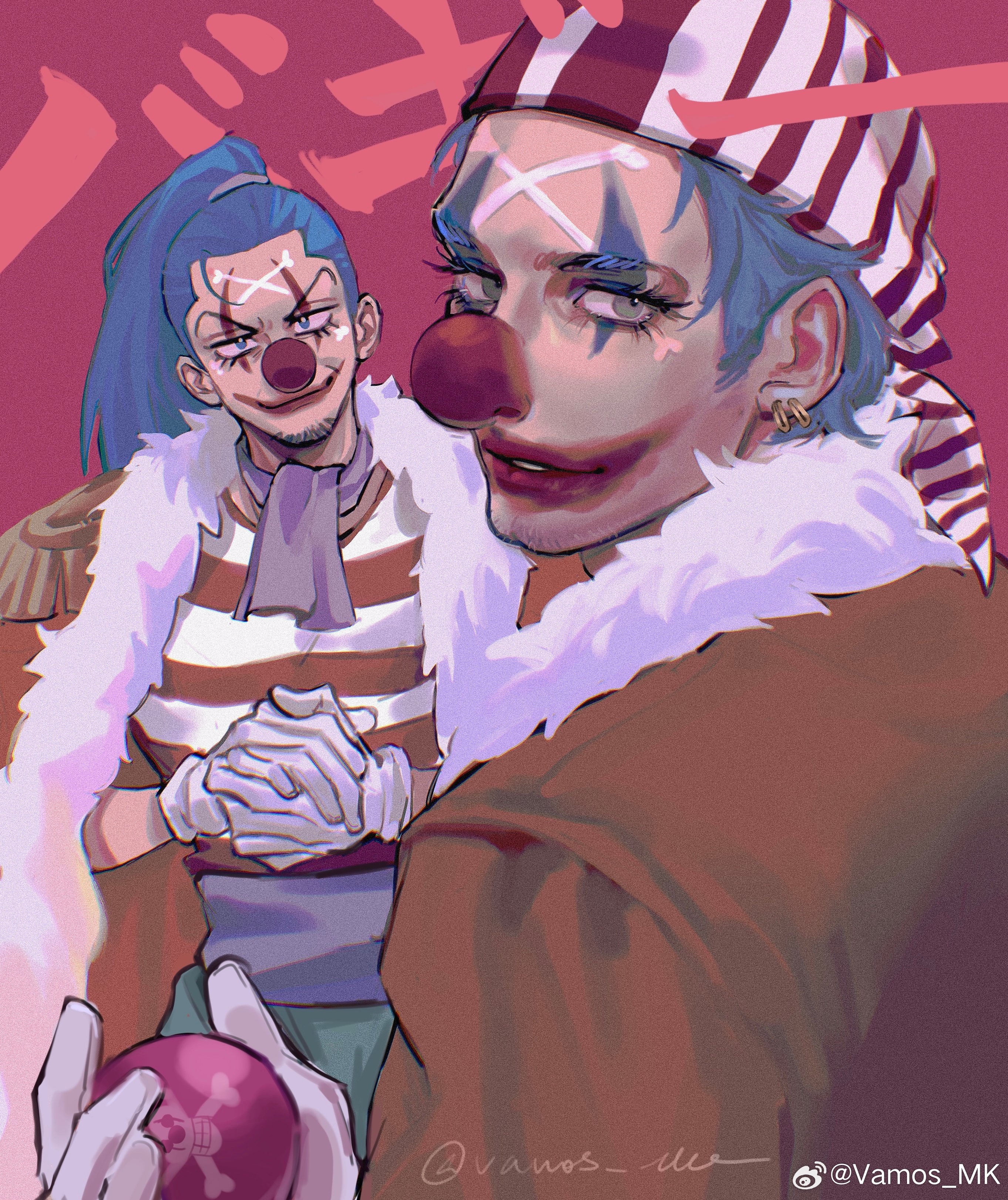 2boys absurdres ascot blue_hair brown_cape buggy_the_clown cape cleft_chin closed_mouth clown_nose dual_persona epaulettes eyelashes facepaint fur-trimmed_cape fur_trim green_eyes highres looking_at_viewer male_focus multiple_boys one_piece one_piece_(live_action) ponytail purple_ascot realistic red_background shirt short_hair smile striped_clothes striped_shirt vamos_mk