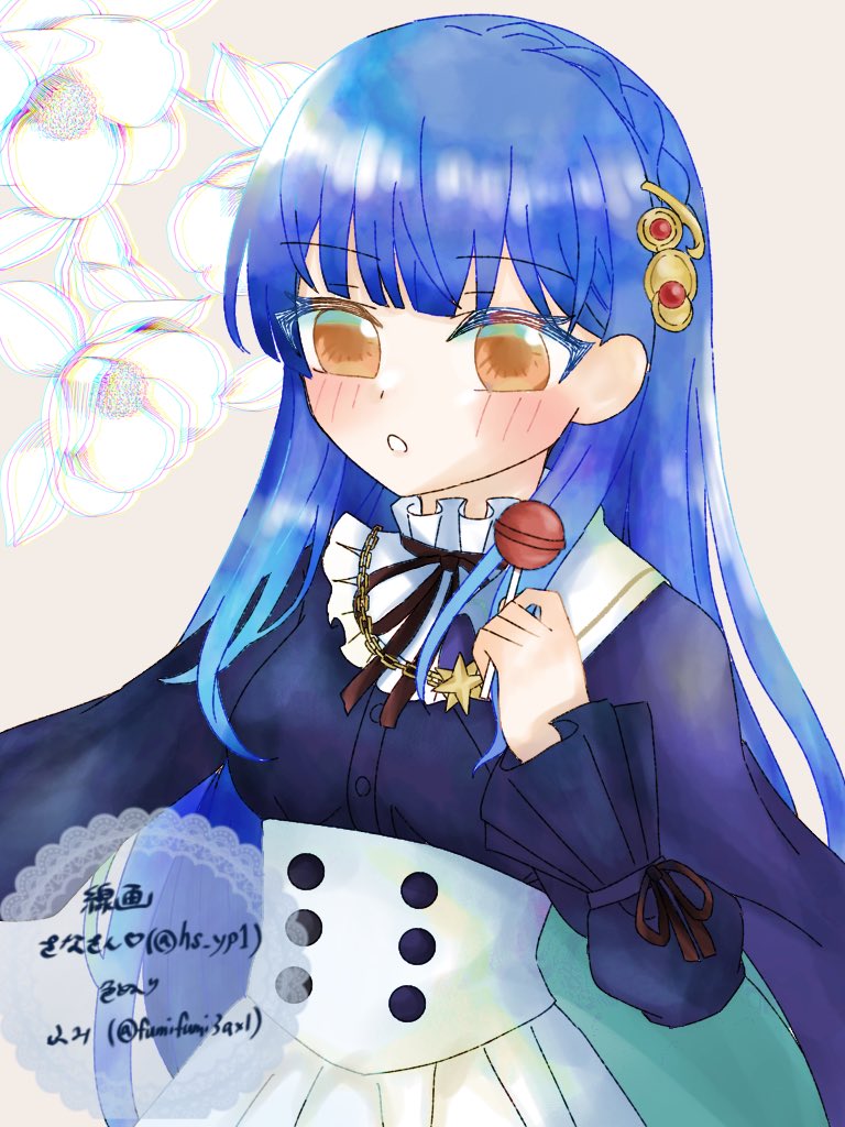 1girl artist_collaboration artist_name assault_lily black_cape black_ribbon black_shirt blue_hair blunt_bangs blush braid breasts brown_background candy cape chain chain_necklace chromatic_aberration chupa_chups commentary_request crown_braid floral_background flower food frilled_shirt frilled_shirt_collar frilled_sleeves frills fumi_(fumifumi3axl) hair_ornament hairclip hands_up high-waist_skirt holding holding_candy holding_food holding_lollipop jewelry lollipop long_hair long_sleeves looking_ahead neck_ribbon necklace no_pupils official_alternate_costume orange_eyes parted_lips ribbon sana_(hs_yp1) shirt skirt solo taniguchi_hijiri translation_request twitter_username upper_body very_long_hair white_flower white_skirt