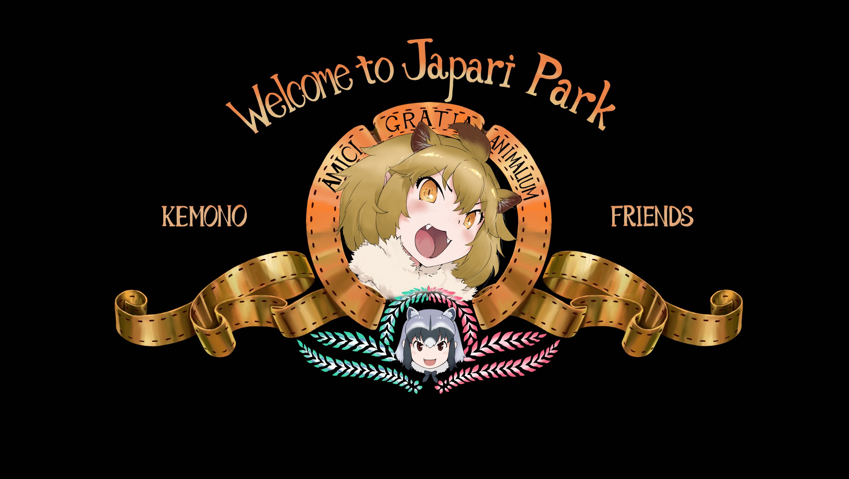 10s 2girls animal_ears bad_id bad_twitter_id black_background brown_hair common_raccoon_(kemono_friends) copyright_name fangs fur_collar grey_hair highres kemono_friends latin_text lion_(kemono_friends) lion_ears looking_at_viewer metro-goldwyn-mayer multiple_girls open_mouth parody raccoon_ears revision roaring simple_background siva_ryo slit_pupils yellow_eyes