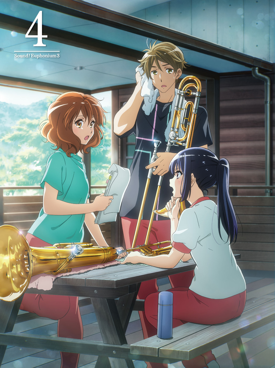 1boy 2girls artist_request bench black_hair bottle brown_eyes brown_hair euphonium fluffy_hair hibike!_euphonium highres holding holding_instrument holding_trombone instrument kousaka_reina long_hair medium_hair messy_hair multiple_girls official_art oumae_kumiko paper ponytail short_hair sitting sportswear sweat towel towel_around_neck tree trombone trumpet tsukamoto_shuuichi wiping_sweat yellow_eyes