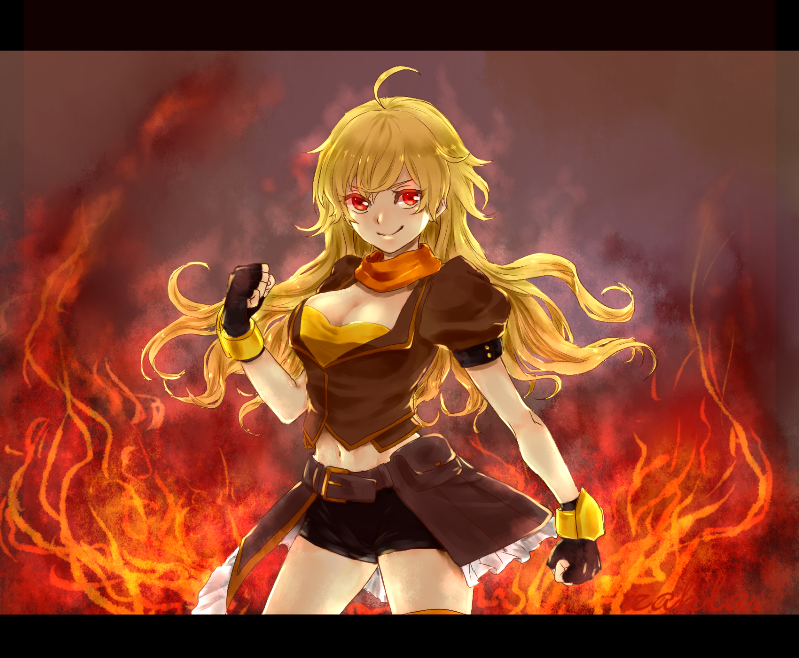 1girl ahoge belt black_gloves black_shorts blonde_hair breasts brown_belt brown_jacket brown_top brown_waist_cape cleavage clenched_hand female_focus fingerless_gloves fire frills gauntlets gloves jacket large_breasts long_hair looking_at_viewer midriff neckerchief orange_neckerchief pink_eyes rwby shorts smile solo waist_cape weapon yang_xiao_long yellow_gauntlets zakla