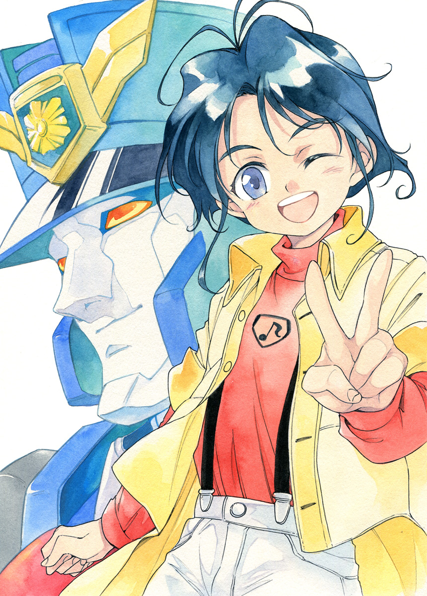 1990s_(style) 1boy ;d agahari blue_hair blush coat deckerd highres long_sleeves male_focus mecha musical_note one_eye_closed open_mouth orange_eyes purple_eyes retro_artstyle robot short_hair smile suspenders tomonaga_yuuta traditional_media unbuttoned v yuusha_keisatsu_j-decker yuusha_series
