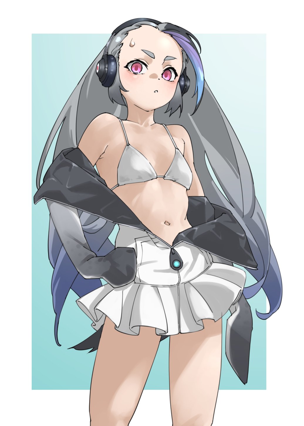 1girl animal_ears bikini black_hair blue_hair blush commentary empty_eyes flat_chest giant_penguin_(kemono_friends) grey_hair headphones highres hood kemono_friends long_hair long_sleeves looking_at_viewer multicolored_hair navel partially_unzipped penguin_girl penguin_tail pink_eyes pleated_skirt skirt solo sweat swimsuit tail tanabe_(fueisei) thick_eyebrows white_bikini white_skirt
