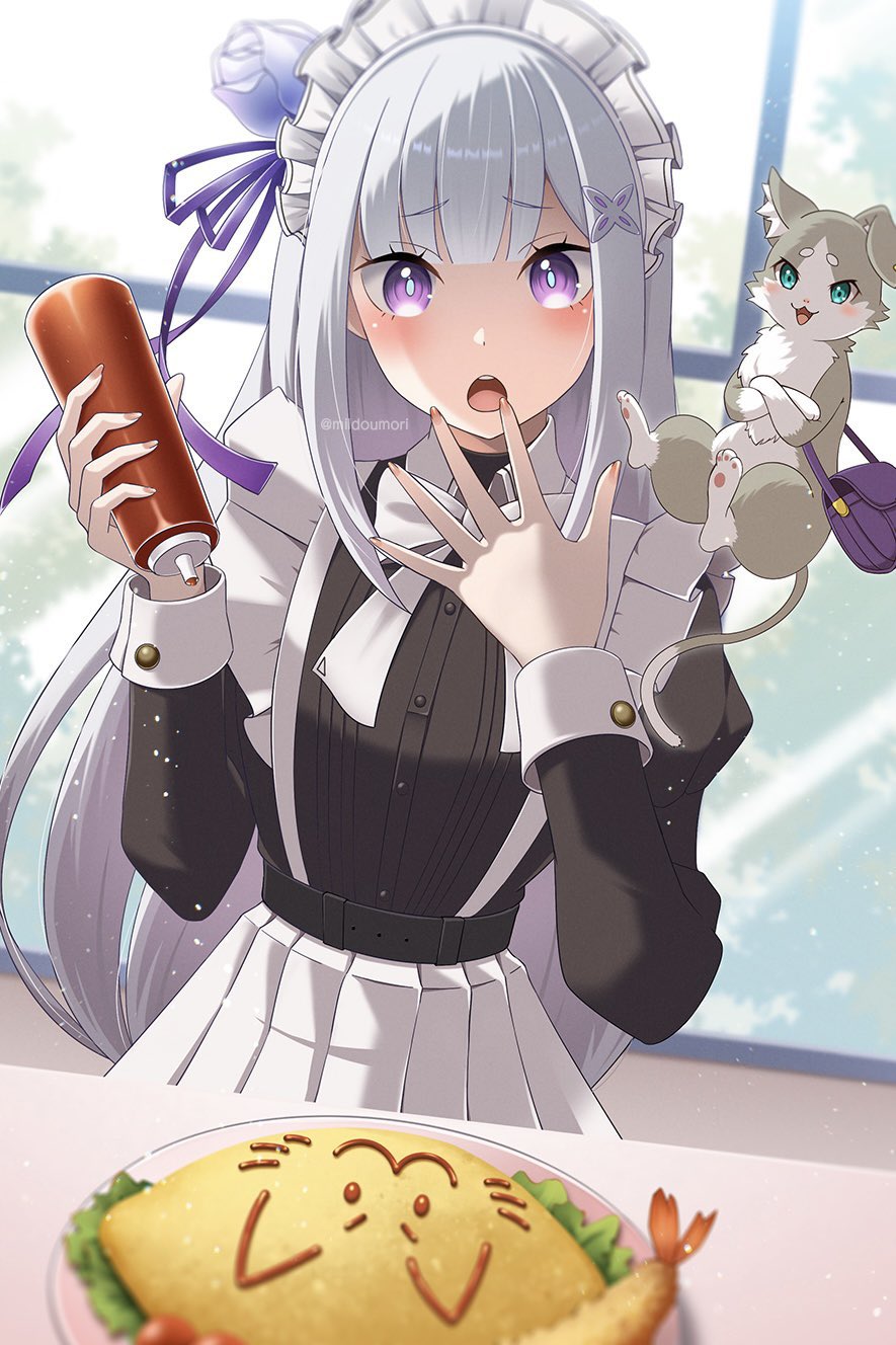 1girl bag blue_eyes blush bottle cat cat_tail commentary_request elf emilia_(re:zero) floating flower food grey_hair hair_flower hair_ornament hair_ribbon hand_to_own_mouth highres holding holding_bottle ketchup ketchup_bottle long_hair long_sleeves maid maid_headdress milmil7 omelet open_mouth pointy_ears puck_(re:zero) purple_bag purple_eyes purple_ribbon re:zero_kara_hajimeru_isekai_seikatsu ribbon rose tail very_long_hair white_flower white_ribbon white_rose window x_hair_ornament