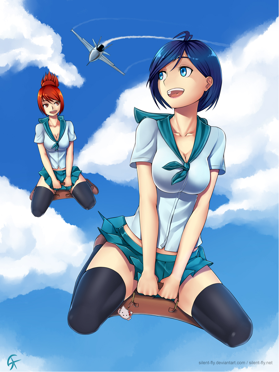 2girls aircraft airplane bag blue_eyes blue_hair breasts cleavage cloud day flying hello_kitty highres jet loafers long_hair medium_breasts midair multiple_girls original ponytail red_eyes red_hair sanrio satchel school_uniform shoes short_hair silent-fly skirt sky smile thighhighs zettai_ryouiki