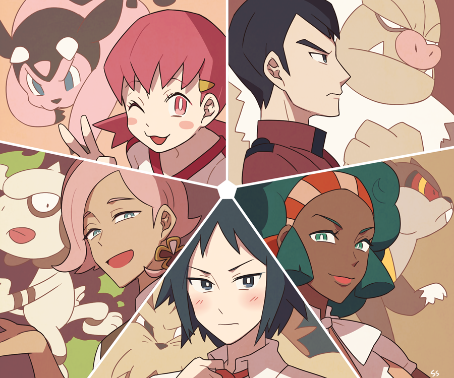 2girls 3boys bright_pupils cheren_(pokemon) creature dog fangs gen_2_pokemon gen_3_pokemon gen_5_pokemon green_eyes green_hair gym_leader hair_ornament horns ilima_(pokemon) lenora_(pokemon) lillipup looking_at_viewer miltank multiple_boys multiple_girls nintendo norman_(pokemon) one_eye_closed pokemon pokemon_(creature) pokemon_bw pokemon_bw2 pokemon_hgss pokemon_oras pokemon_sm profile signature slaking smeargle ssalbulre tongue tongue_out trial_captain twintails watchog whitney_(pokemon)