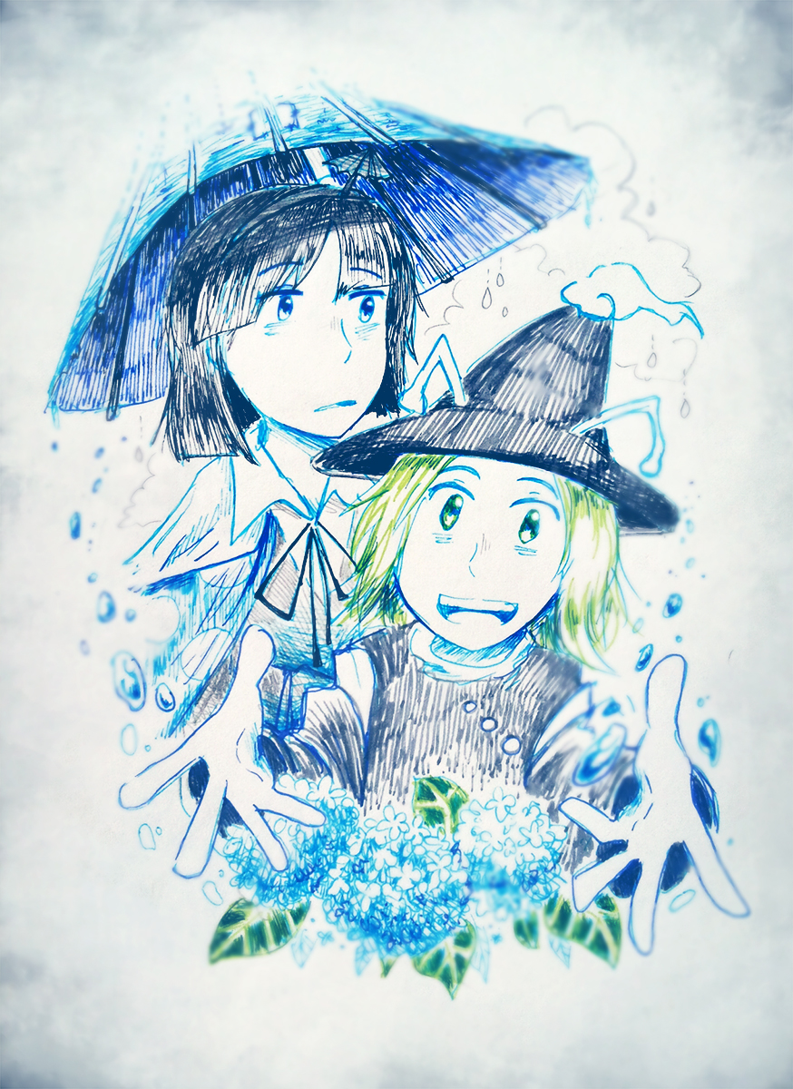 2others amanomiya_jun amanomori_shou androgynous antenna_hair beckoning black_bow black_bowtie black_hair black_headwear blue_cape blue_eyes blue_flower blue_umbrella blunt_bangs blunt_ends bow bowtie brown_sleeves brown_vest cape cloud collared_shirt commentary english_commentary flower frown green_eyes green_hair hairband highres holding holding_umbrella hydrangea layered_sleeves leaf len&#039;en long_sleeves looking_at_viewer medium_hair mixed-language_commentary multiple_others oil-paper_umbrella open_mouth other_focus outstretched_arms parted_bangs parted_lips pink_shirt pointy_hat polka_dot_cape rain shirt smile teeth traditional_media turtleneck umbrella umbrella_hair_ornament upper_body upper_teeth_only vest white_shirt wide_sleeves yamanoskk