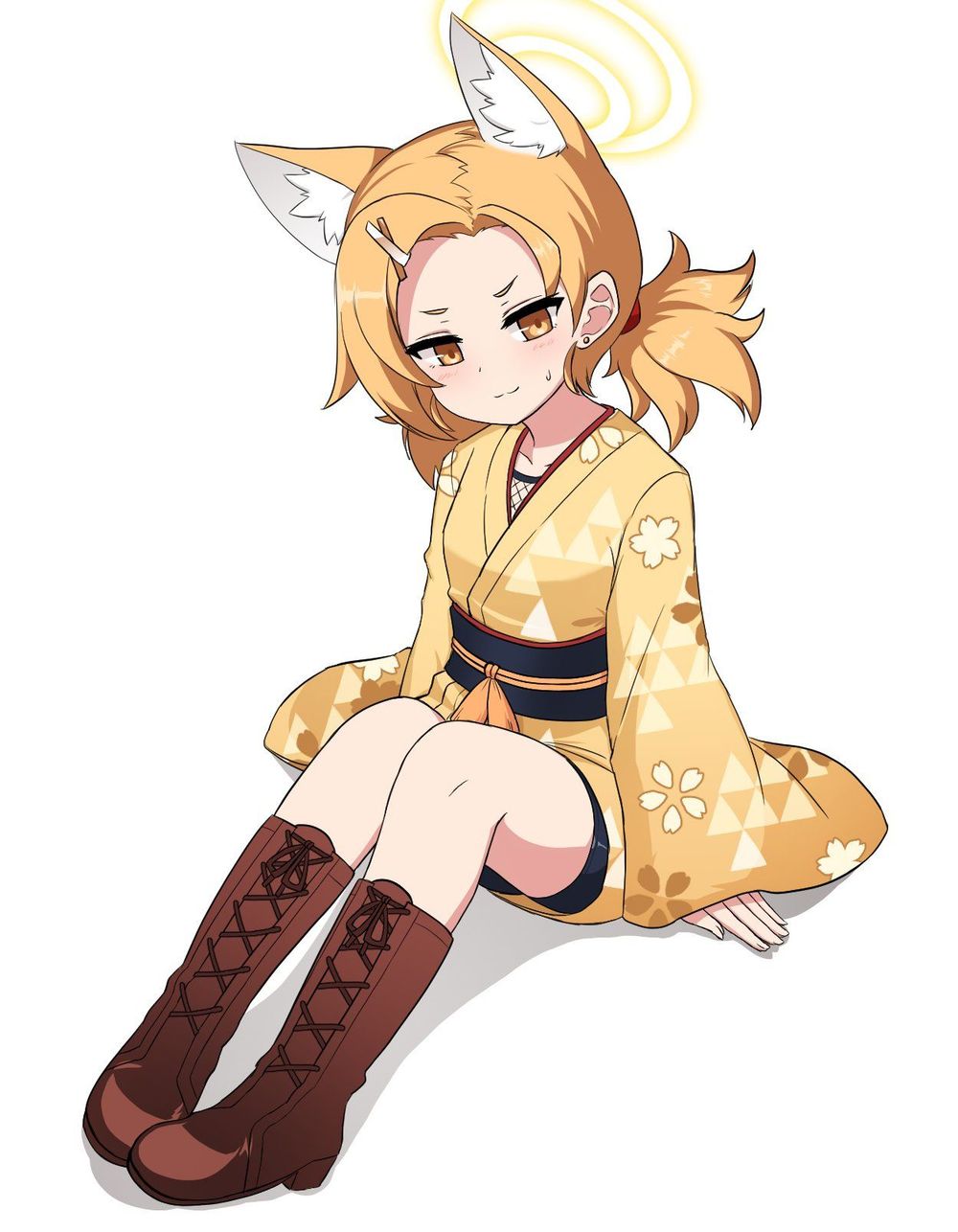 1girl animal_ears blonde_hair blue_archive blush boots brown_boots closed_mouth commentary_request extra full_body hair_ornament hairclip halo highres japanese_clothes kimono lace-up_boots long_sleeves medium_hair nanju_bami obi sash short_twintails simple_background solo street_mouryo_(rl)_(blue_archive) twintails white_background wide_sleeves yellow_eyes yellow_halo yellow_kimono