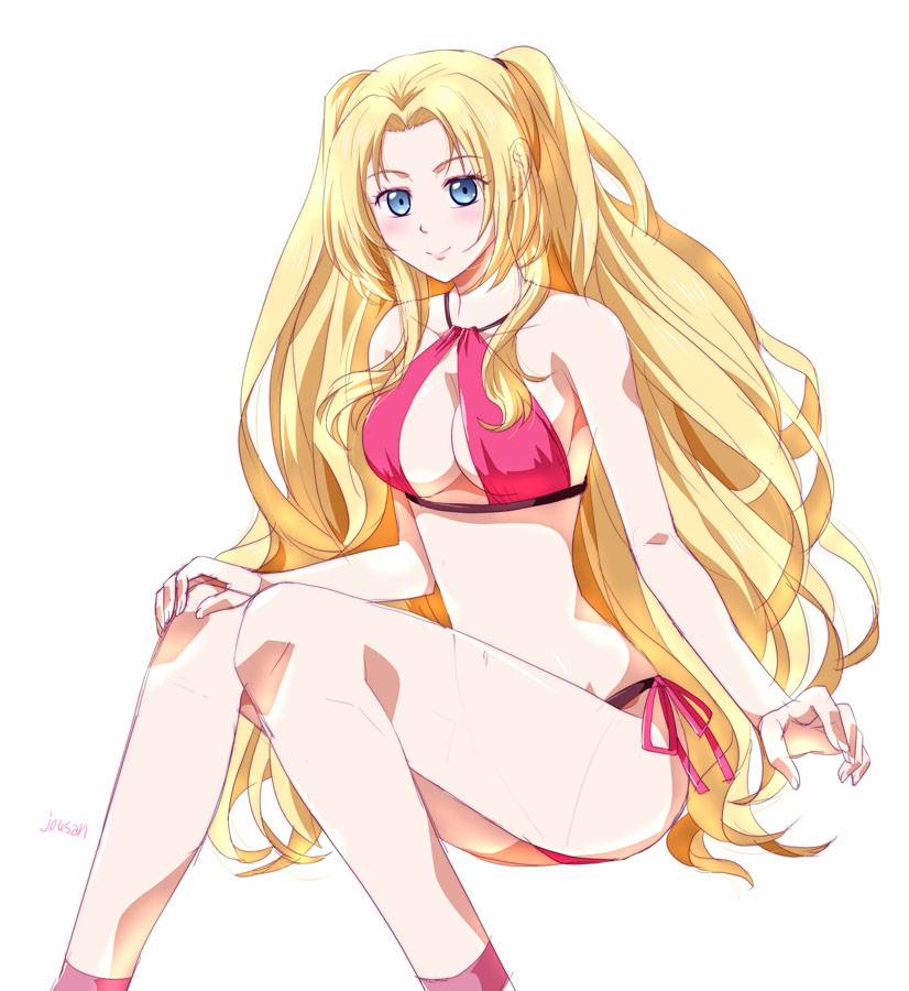 1girl alfin_reise_arnor artist_name bikini blonde_hair blue_eyes breasts curtained_hair eiyuu_densetsu hajimari_no_kiseki large_breasts long_hair looking_at_viewer parted_bangs sideboob simple_background smile solo swimsuit white_background xiacheng_tatsuya