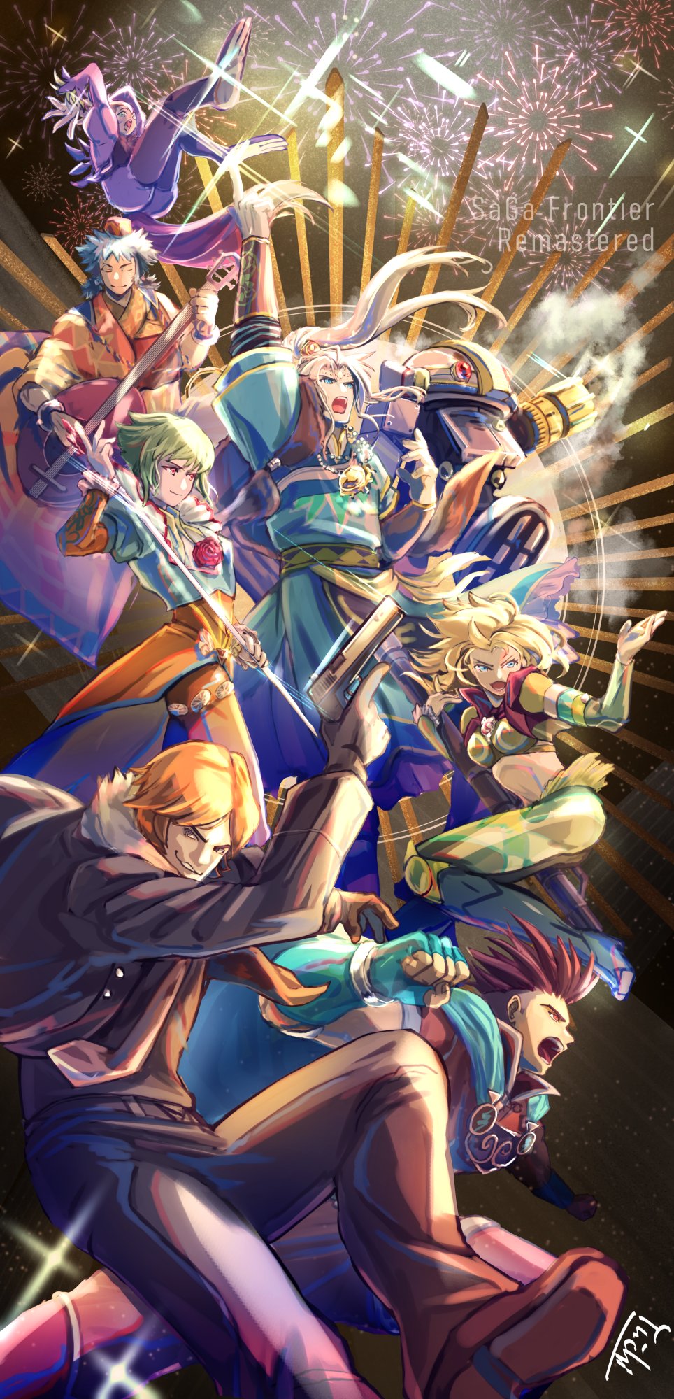 ahamma asellus_(saga_frontier) blue_(saga_frontier) breasts closed_mouth emilia_(saga_frontier) fingerless_gloves fireworks fuse_(saga_frontier) gloves highres long_hair looking_at_viewer lute_(saga_frontier) medium_breasts multiple_boys multiple_girls open_mouth red_(saga_frontier) riki_(saga) robot saga saga_frontier short_hair smile sword t260g_(saga) weapon