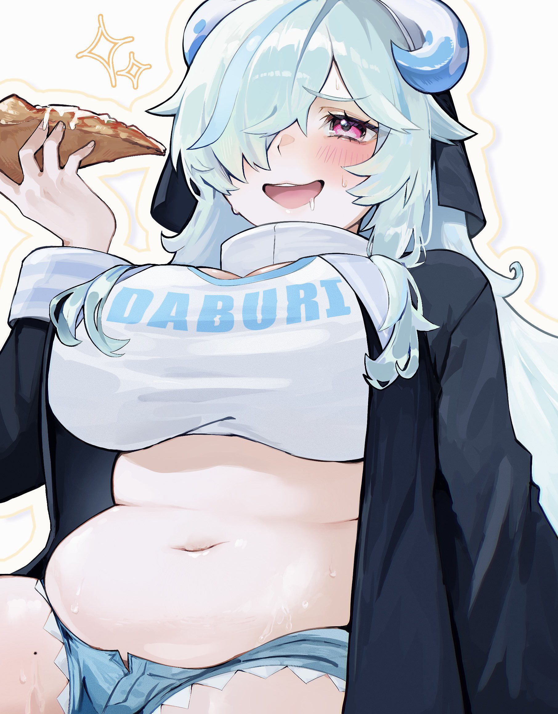 1girl black_robe blue_hair blue_shorts blush breasts coif crop_top doubliel drooling food green_hair habit hair_over_one_eye highres holding holding_food horns large_breasts lips long_hair mahjong_fight_girl mole mole_on_thigh nana_gooon navel nun one_eye_covered open_clothes open_mouth open_robe pink_eyes pizza pizza_slice plump robe saliva shirt short_shorts shorts sidelocks sitting smile solo sparkle sweat white_background white_shirt wimple