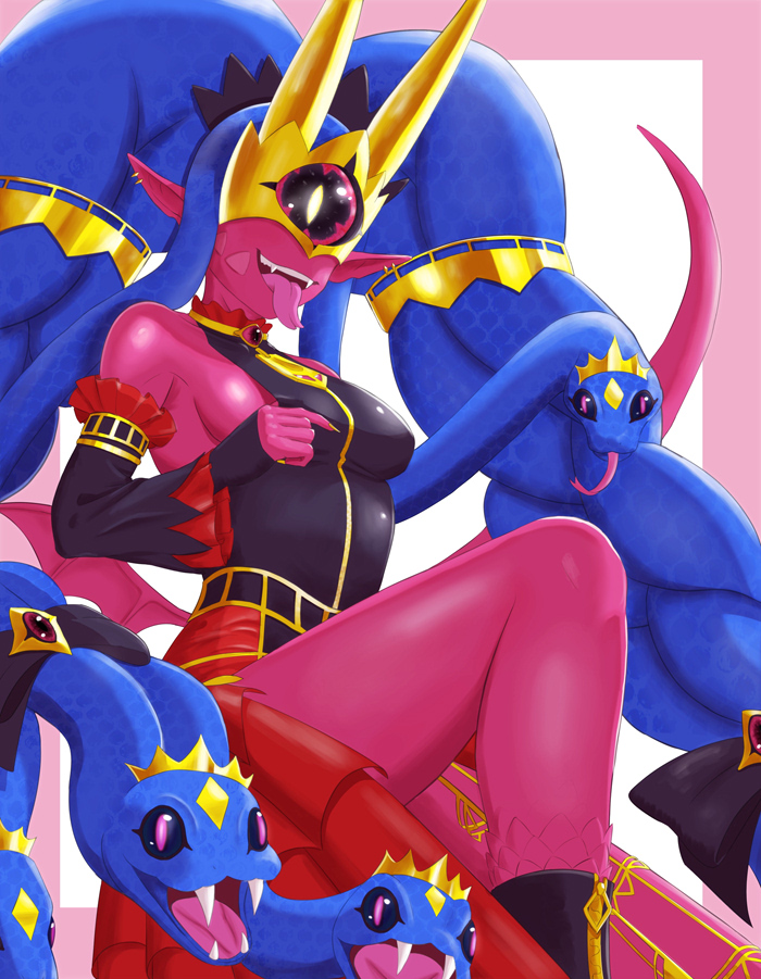 black_sclera breasts colored_sclera crown digimon digimon_(creature) earrings jewelry looking_at_viewer mask medusamon nail_polish omeka_gamma open_mouth red_eyes sharp_teeth snake snake_hair teeth tongue tongue_out