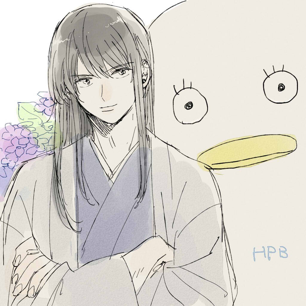 1boy bird bishounen black_hair commentary_request crossed_arms duck elizabeth_(gintama) flower gintama japanese_clothes katsura_kotarou kimono long_hair looking_at_viewer se0h white_background