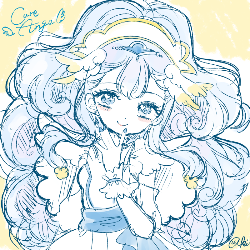 1girl beads blue_bow blue_eyes blue_hair blue_nails blue_sash blue_wrist_cuffs blush_stickers bow capelet character_name circlet closed_mouth cowboy_shot cure_ange curly_hair detached_sleeves dot_nose dress eye_mask feather-trimmed_sleeves frilled_wrist_cuffs frills hair_beads hair_ornament hairband hand_on_own_chin happy heart heart_hair_ornament heart_in_eye high_ponytail hugtto!_precure lipstick long_hair magical_girl makeup nail_polish outline pink_lips ponytail precure puffy_short_sleeves puffy_sleeves rabbit_hair_ornament sash short_dress short_sleeves signature simple_background sketch smile solo symbol_in_eye tareme uzuki_aki very_long_hair waist_bow waist_sash white_capelet white_dress white_hairband white_outline white_sleeves wing_hair_ornament wrist_cuffs yakushiji_saaya yellow_background