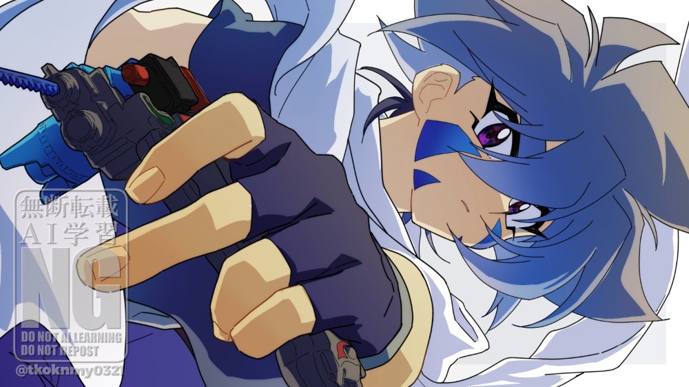 1boy bakuten_shoot_beyblade beyblade black_gloves black_hair blue_hair facial_mark fingerless_gloves from_side gloves grey_background hiwatari_kai holding looking_at_viewer male_focus multicolored_hair profile purple_eyes scarf short_hair solo tkoknmy0321 twitter_username two-tone_hair upper_body watermark white_scarf