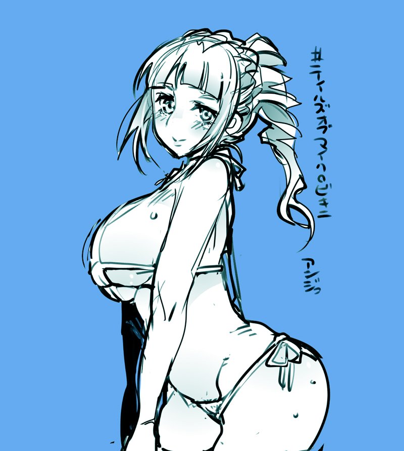 1girl ange_serena bikini blue_background blush breasts curly_hair large_breasts long_hair looking_at_viewer micro_bikini monochrome ponytail side-tie_bikini_bottom simple_background smile sweat swimsuit tales_of_(series) tales_of_innocence uchiuchi_keyaki